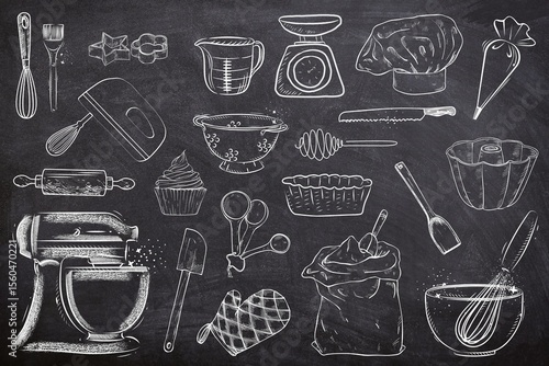 Kitchen set seamless set on white background. Sketch of restaurant and coffee shop elements on white board. Line art of baking tools