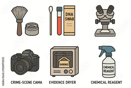 Forensic tools and equipment icons including dna swab and microscope