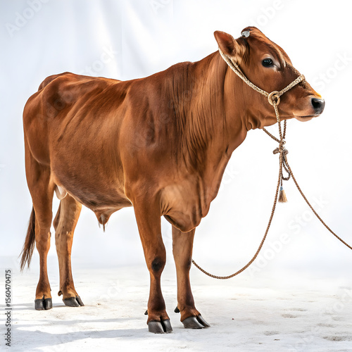 Full-body reddish brown Eid cow with natural light reflections and subtle festive adornments, shown in side profile with a realistic and elegant appearance.