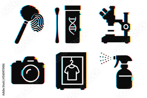 Forensic tools and symbols: fingerprint brush, dna test, microscope, camera, evidence locker, spray bottle
