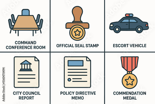 Government symbols and icons: conference room, seal stamp, vehicle, report, memo, medal