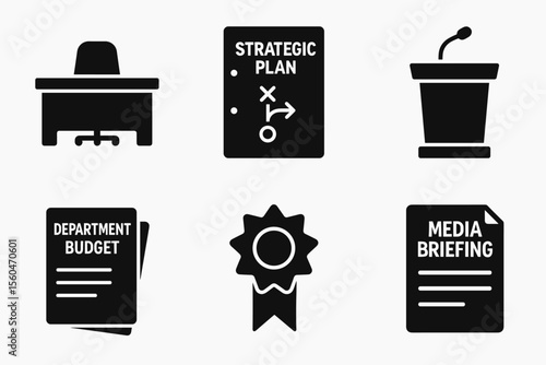 Icons of office desk, strategic plan, podium, department budget, award ribbon, media briefing