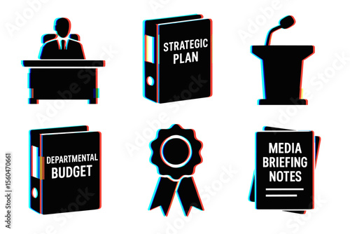 Corporate icons: strategic plan, departmental budget, media briefing notes, conference ribbon, podium, executive desk