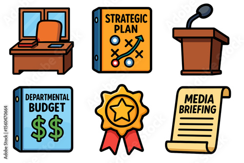 Office desk and items - strategic plan, budget, podium, medal, media briefing document
