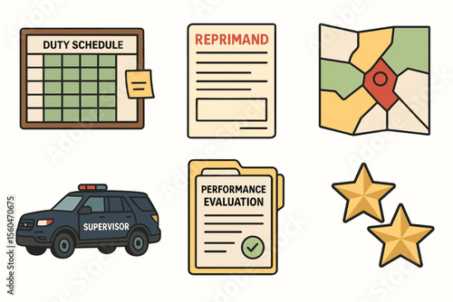 Work management icons: duty schedule, reprimand, map, supervisor car, evaluation, stars