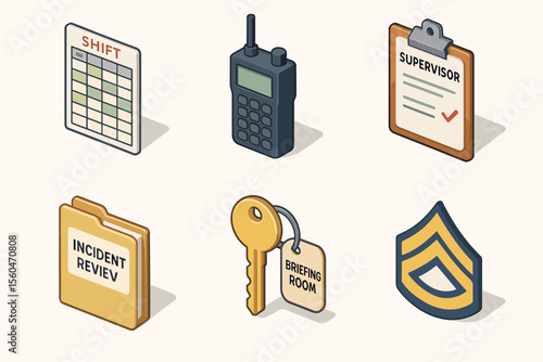 Isometric emergency management icons: shift schedule, radio, clipboard, file, key, chevron