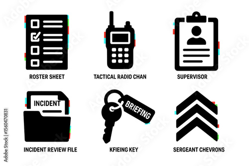 Police equipment icons: roster sheet, radio, supervisor, incident file, briefing key, chevrons