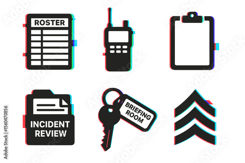 Emergency communication icons set: roster, radio, clipboard, review, keys, chevron