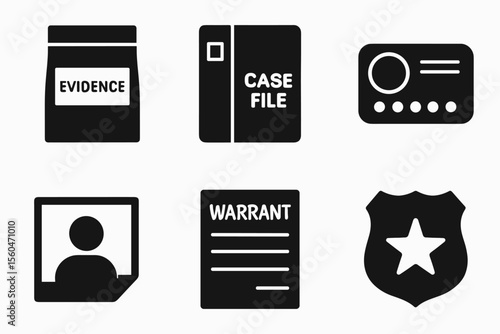 Police symbols: evidence, case file, radio, mugshot, warrant, badge icons