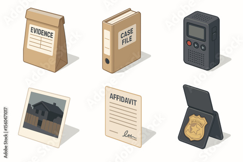 Law enforcement items: evidence bag, case file, recorder, photo, affidavit, badge