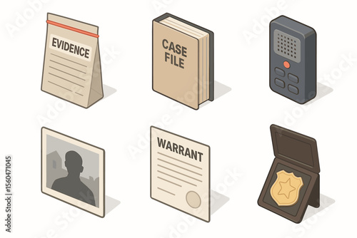 Crime investigation icons set - evidence bag, case file, police radio, suspect photo, warrant, badge