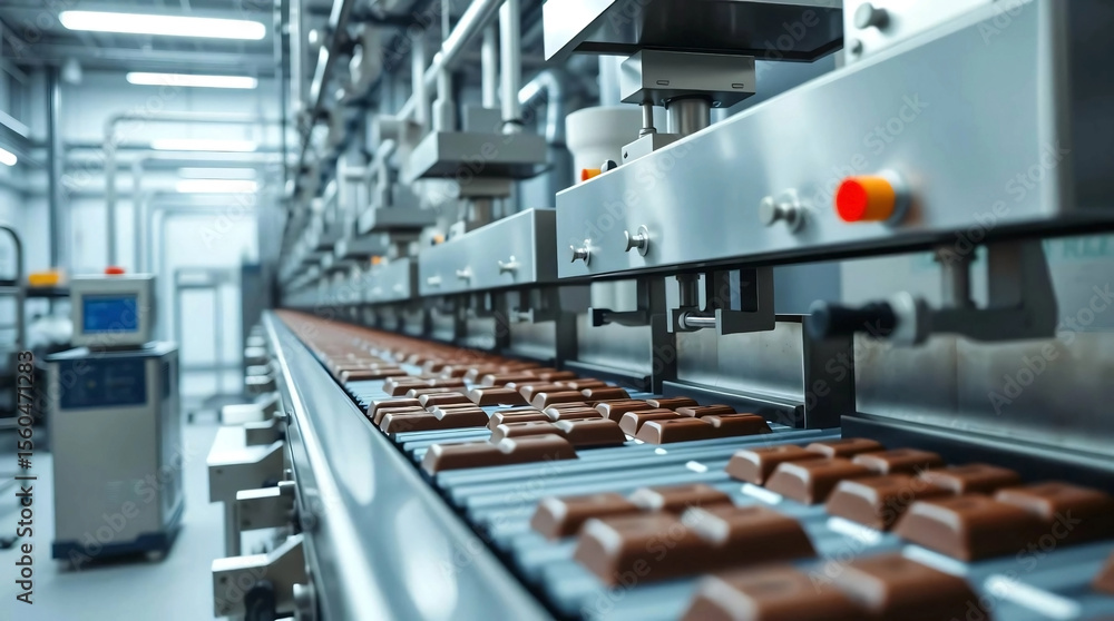 Obraz premium Industri chocolate factory with conveyor belts of chocolate bars. 