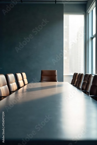 Empty chair at the head of a long conference table, symbolic of absent leadership and a void in direction A feeling of uncertainty and lack of guidance permeates the scene , empty, no leader