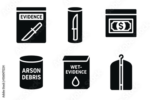 Crime scene evidence icons: knife, cash, arson debris, wet evidence