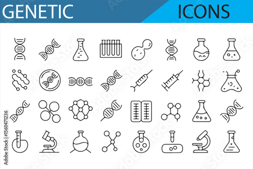 Vector icons showcasing the essentials of genetic science, featuring DNA, chromosomes, test tubes, and microscopes.