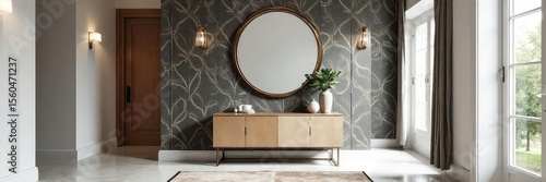 Elegant modern foyer with stylish geometric patterned wallpaper, a contemporary console table, and a dramatic statement mirror Perfect for home decor inspiration , luxury, lamp, flooring