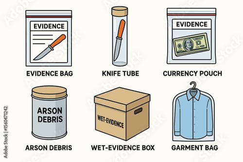 Forensic evidence storage icons: knife, currency, arson debris, garment bag