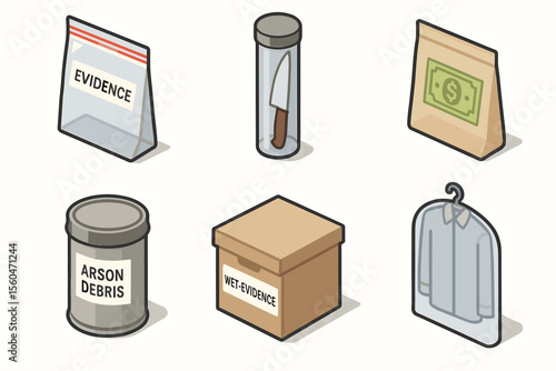Forensic evidence tools: knife, money, clothing, debris, wet evidence