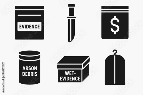 Crime scene elements: evidence bag, knife, arson debris, wet evidence, money bag, body bag icons