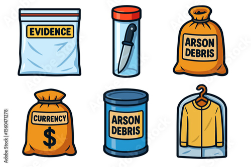 Crime scene evidence items - knife, currency, arson debris, evidence bag, clothing