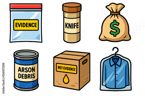 Crime scene evidence icons: knife, money bag, arson debris, wet evidence, shirt