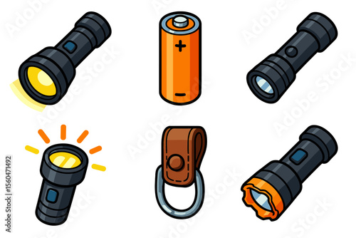 Collection of flashlights, battery, and keychain