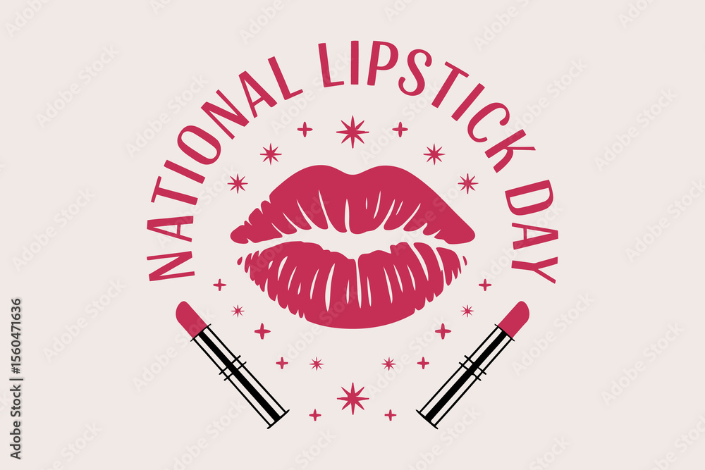 Obraz premium National lipstick day girl theme badge with red kiss lips and pink background for fashion beauty print 