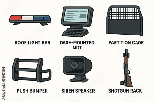 Police vehicle equipment icons - light bar, mdt, cage, bumper, siren, rack