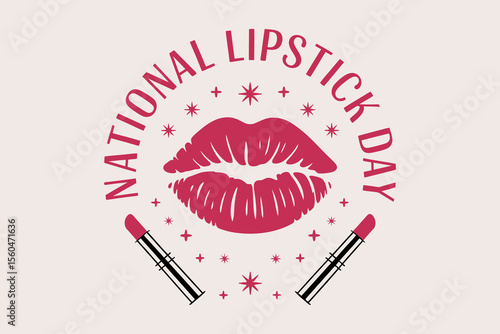 National lipstick day girl theme badge with red kiss lips and pink background for fashion beauty print  