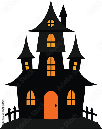 A spooky Halloween night with a haunted chateau, silhouetted trees, and a full moon, perfect for a vector illustration