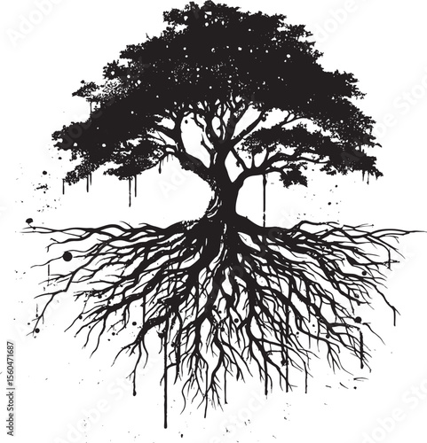 Artistic illustration of a tree with widespread roots extending below, accentuated by creative ink splashes for a striking visual effect