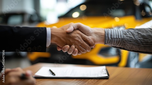 Automobile Business Deal Handshake in Showroom with Clipboard and Pen