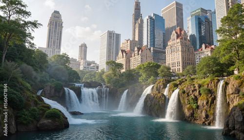 Urban waterfall with skyline view in a sunny daytime setting  