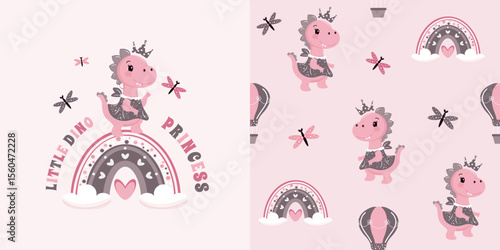 Children's cute seamless pattern featuring a funny dinosaur girl on a rainbow. Vector design for children's bedding, fabrics, wallpapers, wrapping paper, and more.