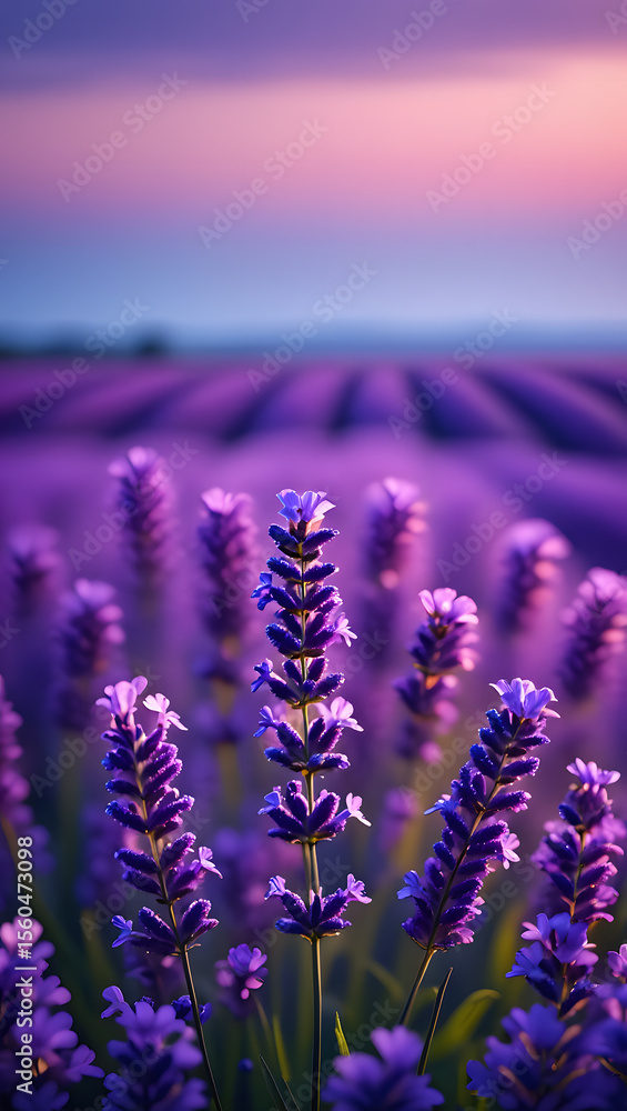 Obraz premium Lavender flowers bloom in a sunny garden meadow.