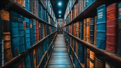 The camera pans down a narrow passageway between tall bookshelves of an old library, lined with leather-bound books.