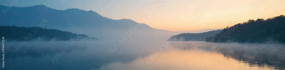 Fototapeta premium Misty morning on the Bay, fog rolling in over calm water, dramatic sky Perfect for travel, weather, nature, and coastal themes , nature, calm, grey