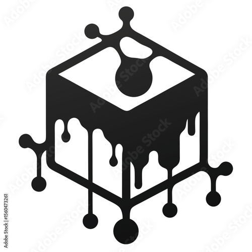 Abstract Melted Cube Design  Vector Illustration of a Geometric Shape with Dripping Liquid, Network Connections, and Dots