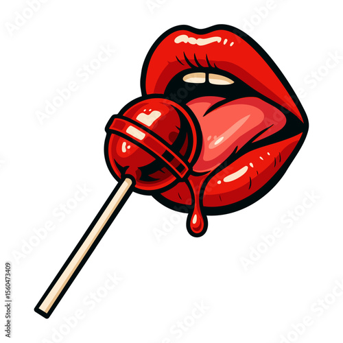 Glossy red lips licking a lollipop with dripping candy in pop art style on transparent background