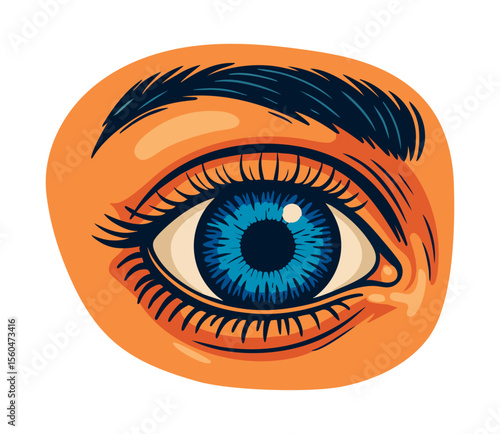 Bold pop art illustration of a blue human eye with eyebrow, detailed and colorful on transparent background