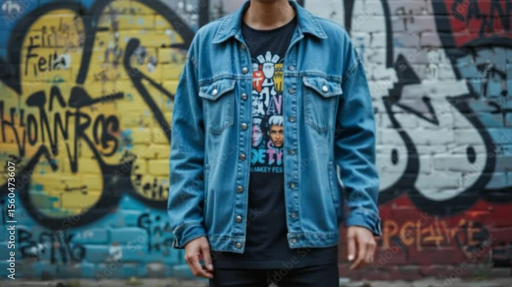 Stylish man in denim jacket posing against vibrant graffiti wall background in urban setting Stylish man in denim jacket posing against vibrant graffiti wall background in urban setting
