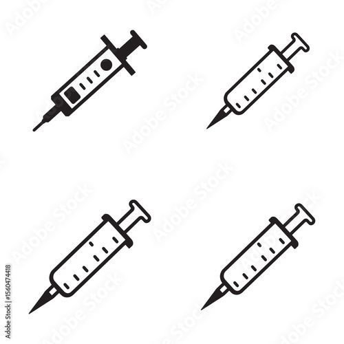 Syringe Icon Set – Black and White Medical Injection Vector Illustrations

