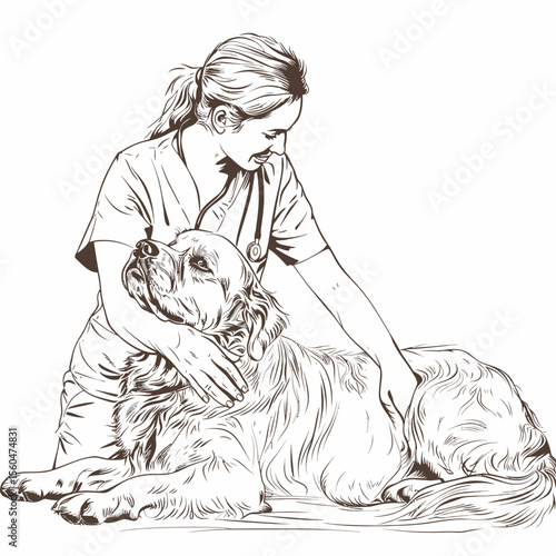 veterinarian women doing a massage to a dog one line drawing