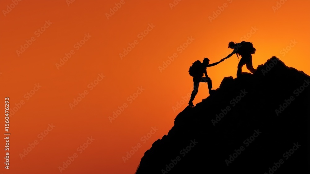 Silhouette of Two Hikers Helping Each Other at Sunset on Mountain Peak, Symbolizing Teamwork and Support in Outdoor Adventure Silhouette of Two Hikers Helping Each Other at Sunset on Mountain Peak, Symbolizing Teamwork and Support in Outdoor Adventure