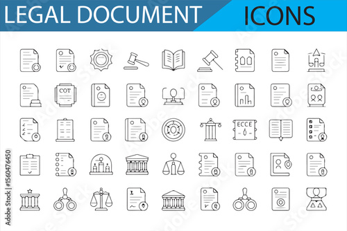 Set of vector icons depicting legal documents, contracts, court systems, gavel, and law books in a minimalist style.