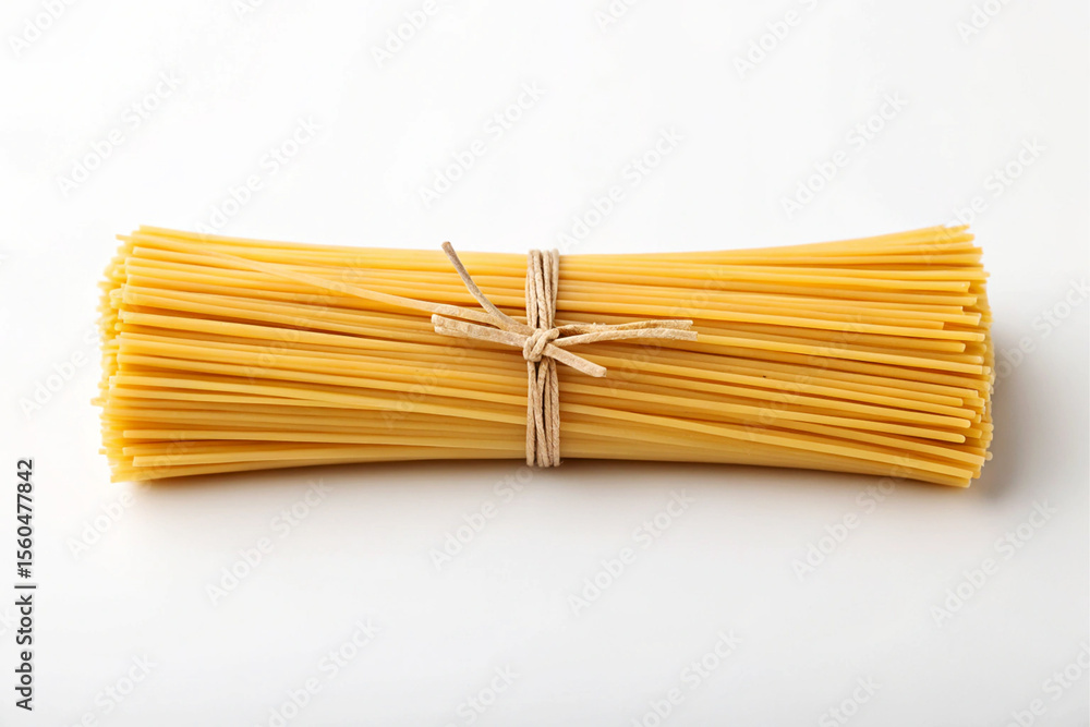 Raw Italian Spaghetti Bundle Tied with Twine on White Background Raw Italian Spaghetti Bundle Tied with Twine on White Background