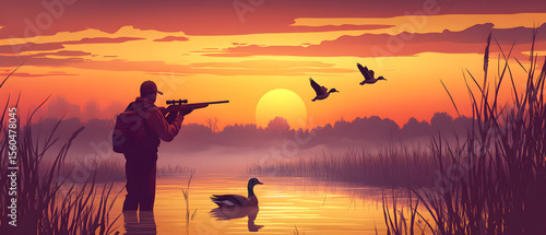 Duck hunter aims at waterfowl flying over a misty marsh at sunset, creating a serene and dramatic wildlife scene.