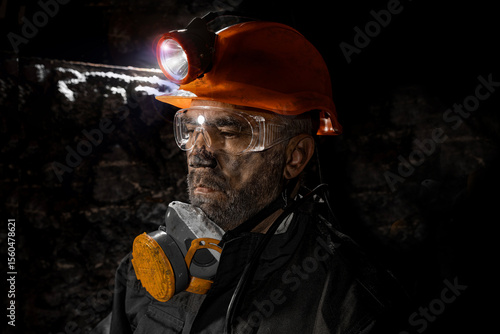 Canvas Print Coal miner with a dirty face in black dust, wearing a protective helmet with a flashlight, filtering respirator and work clothes for working in mine