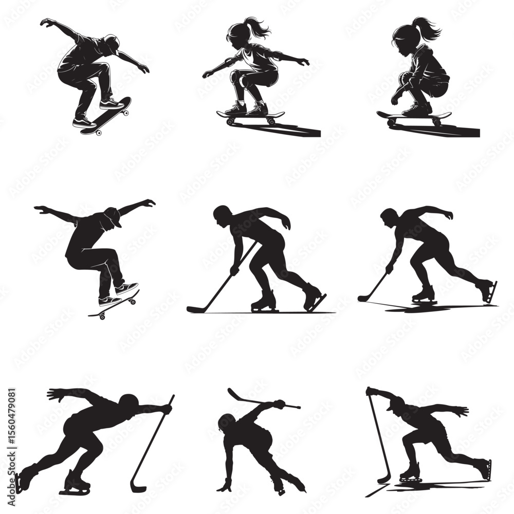 Fototapeta premium Ultimate Skating Silhouette Collection – Dynamic Vector Set of Kids and Adults Performing Skateboarding and Ice Skating Poses for Sports, T-Shirt Prints, and Urban Design Projects . Thank You . 