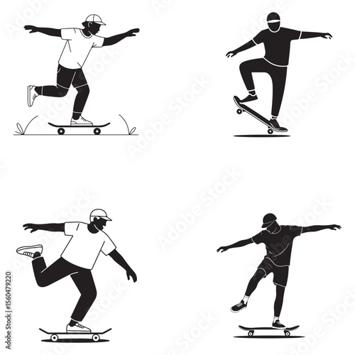 Ultimate Skating Silhouette Collection – Dynamic Vector Set of Kids and Adults Performing Skateboarding and Ice Skating Poses for Sports, T-Shirt Prints, and Urban Design Projects . Thank You . 